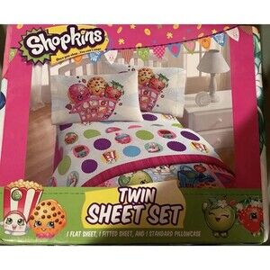 Shopkins Twin Sheet Set 1 Flat Sheet, 1 Fitted Sheet, 1 Standard Pillowcase NWT